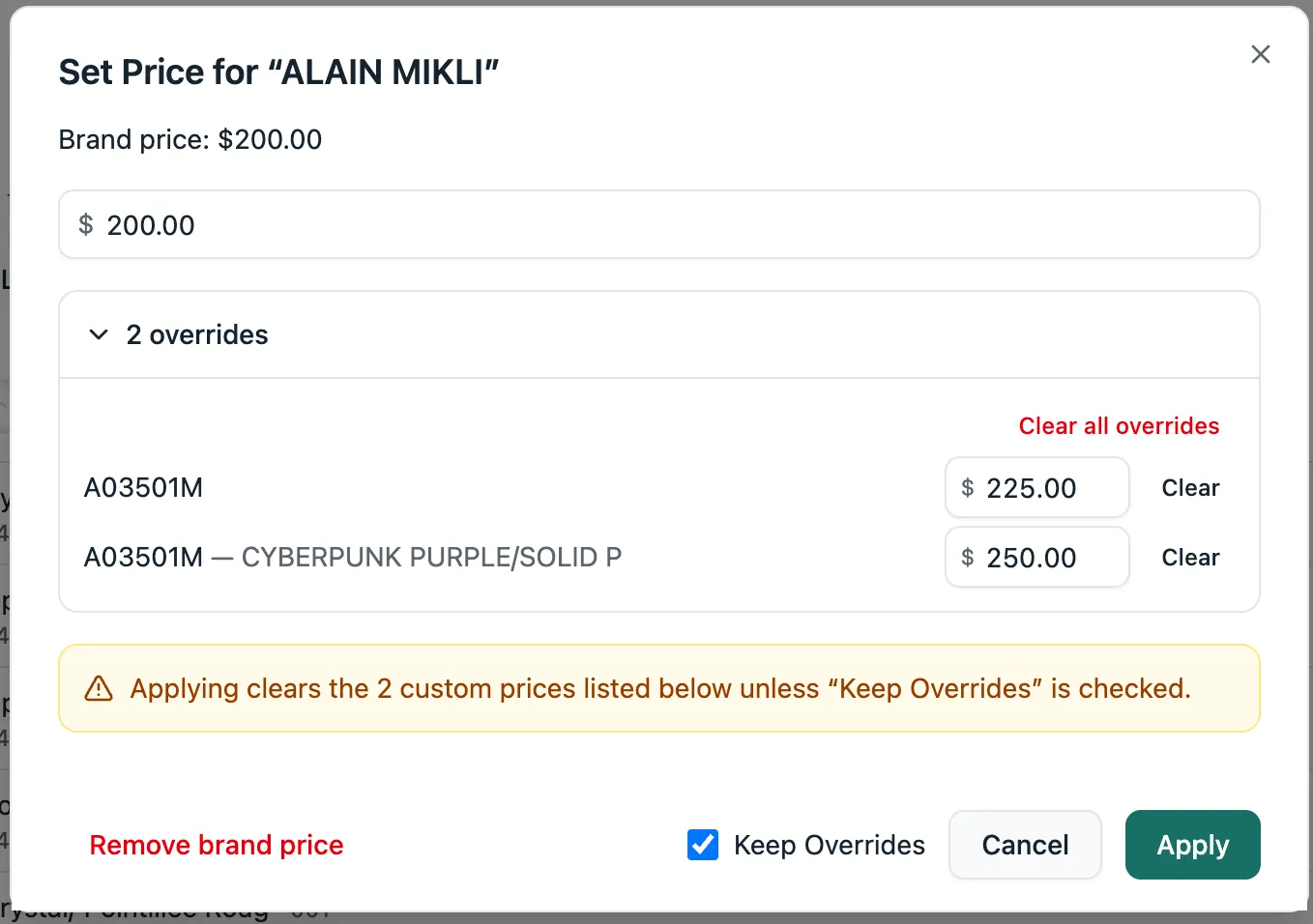 The Set Price modal for a brand, listing both overrides with individual Clear actions and a Keep Overrides checkbox next to the Apply button