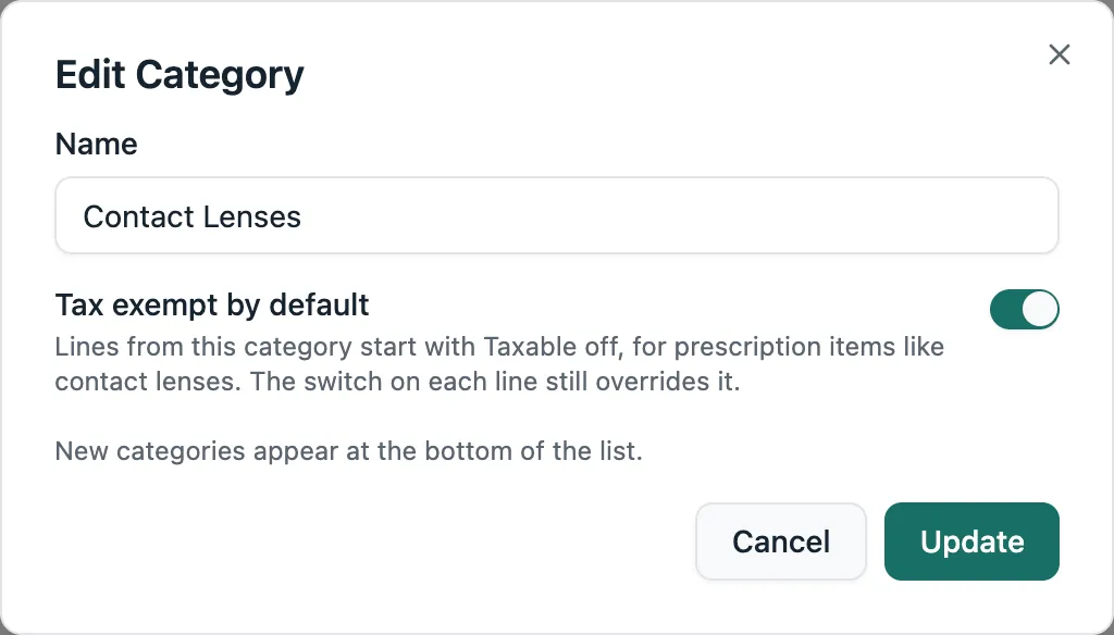 The Edit Category window for Contact Lenses with the Tax exempt by default switch turned on