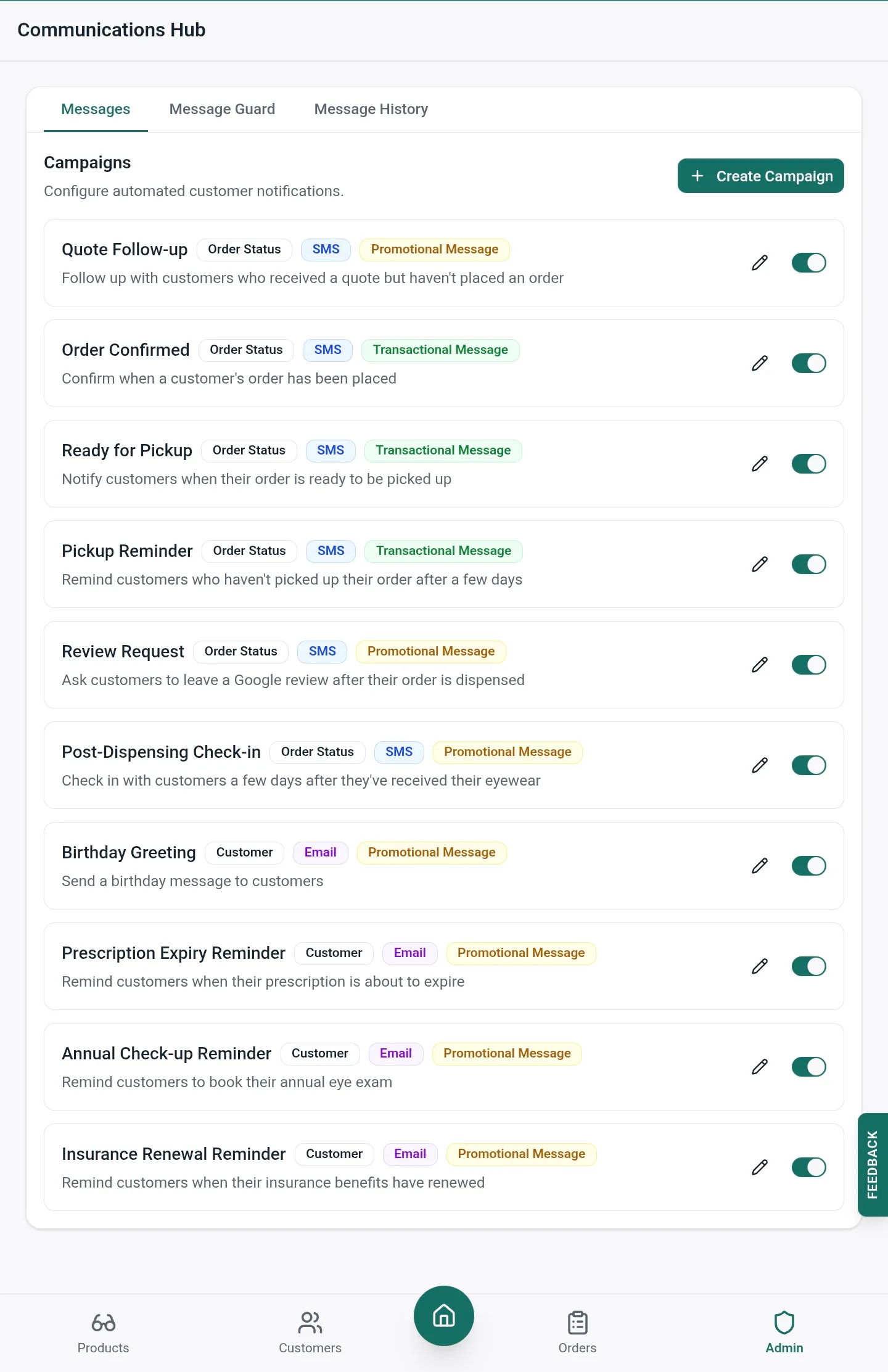Lume Communications Hub showing automated campaigns for quotes, pickups, reminders, and review requests