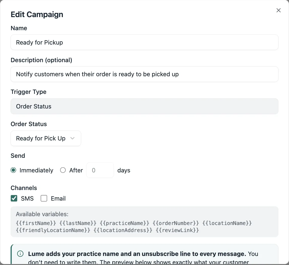 Lume campaign builder for scheduling an SMS and email message to patients