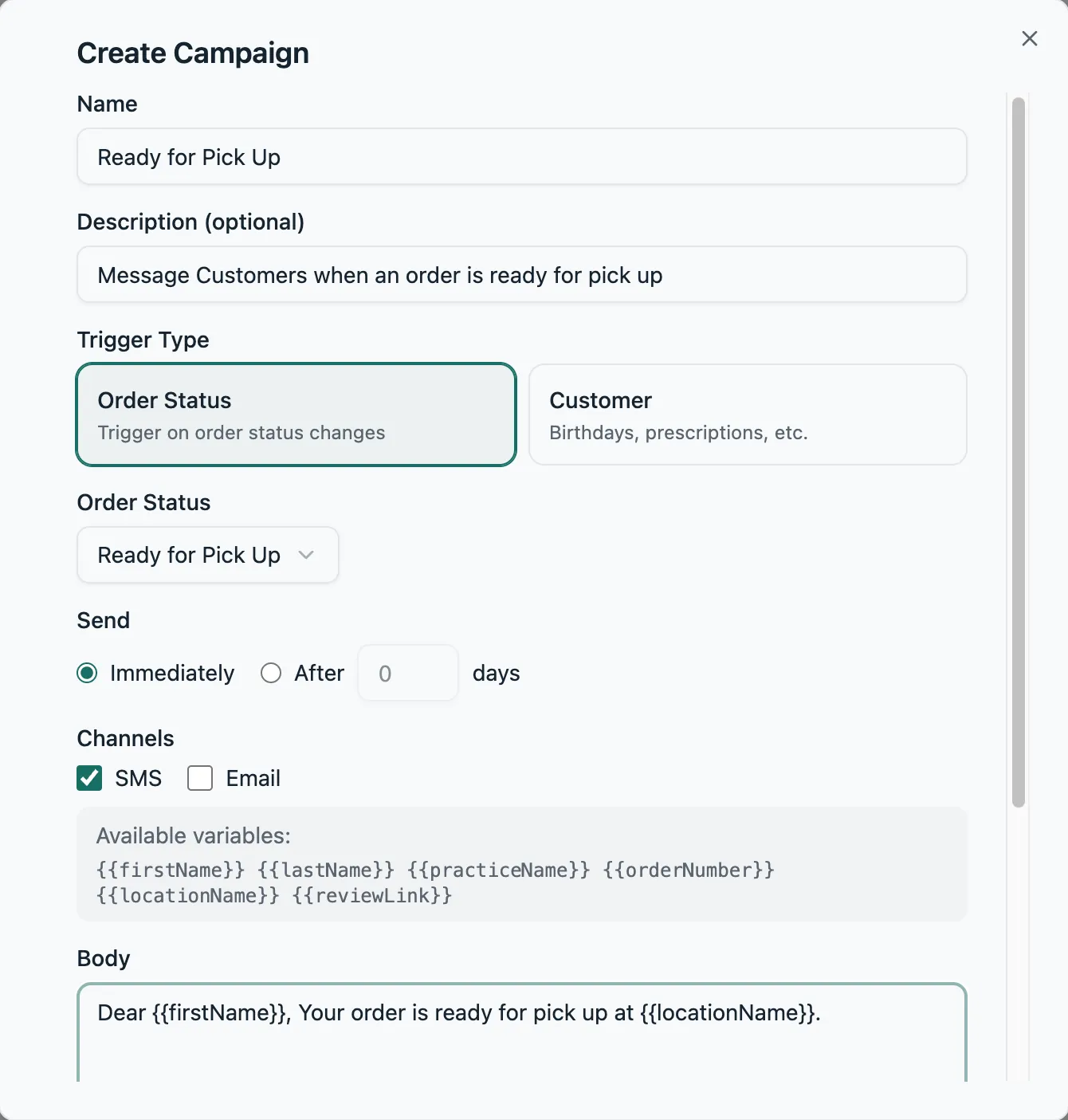 Lume campaign builder for scheduling an SMS and email message to patients