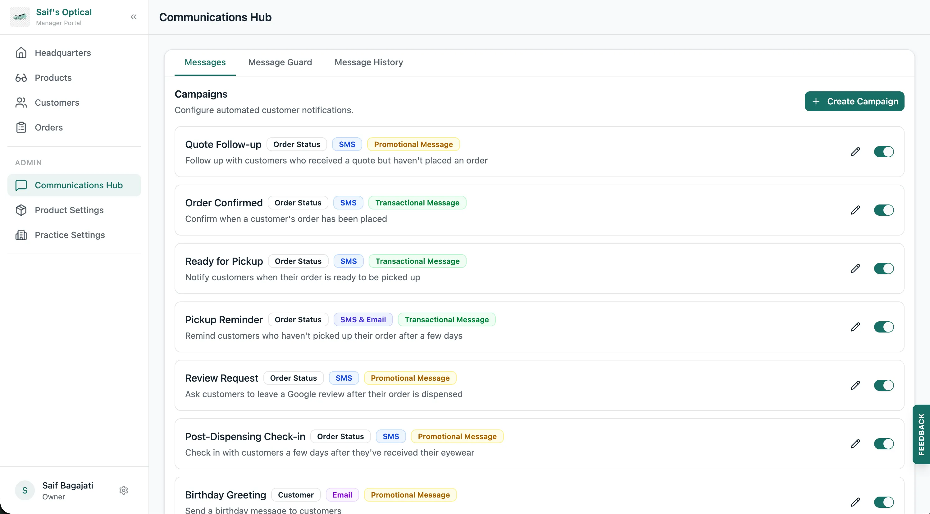 Lume's Communications Hub with automated campaigns like pickup reminders and review requests, each with its own on/off toggle