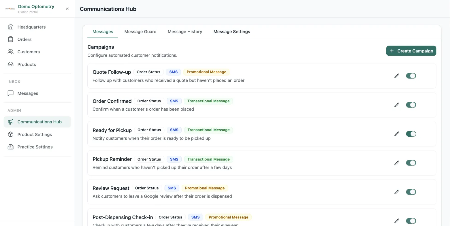 Lume's Communications Hub with automated campaigns like pickup reminders and review requests, each with its own on/off toggle