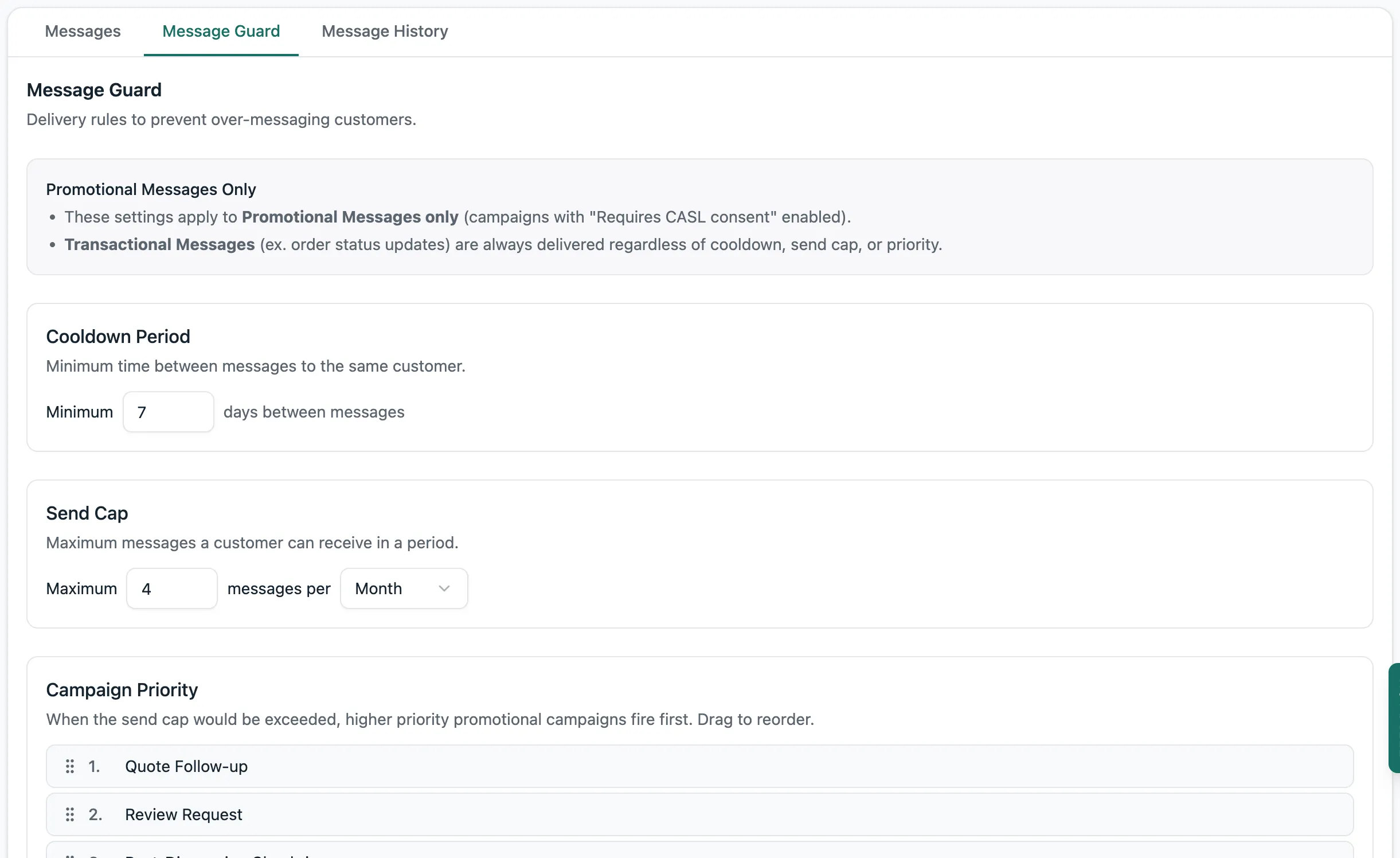 Lume's Message Guard settings: a seven-day cooldown between messages, a monthly send cap, and drag-to-reorder campaign priority