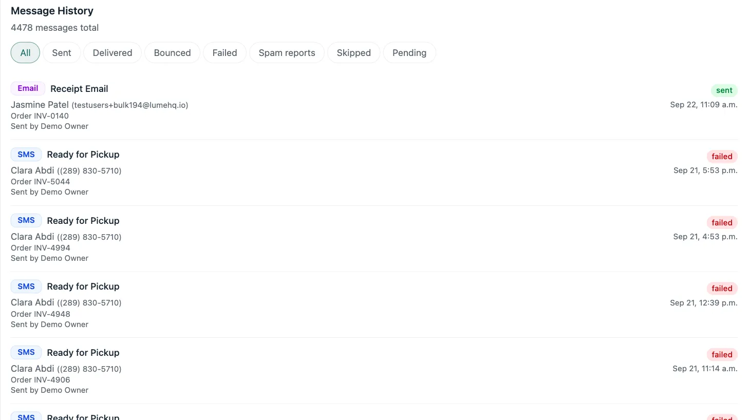 Lume's Message History: a log of SMS and email messages by campaign and customer, each stamped with who sent it, its status and time, with Sent, Delivered, Bounced, Failed and Skipped filters