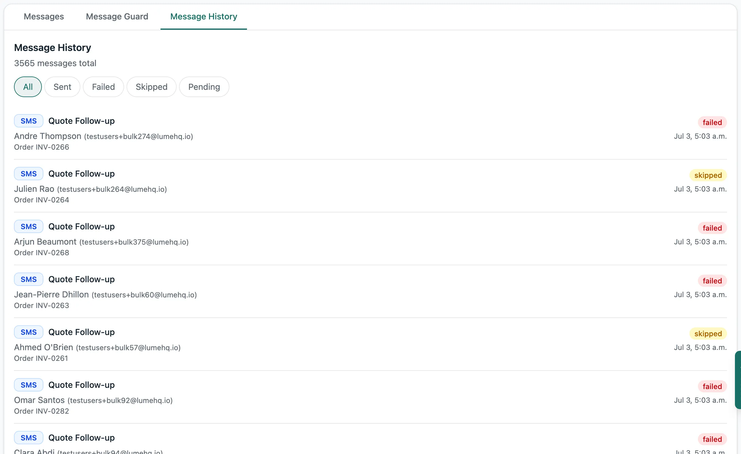 Lume's Message History: a log of SMS messages by campaign and customer, each stamped with its status and time