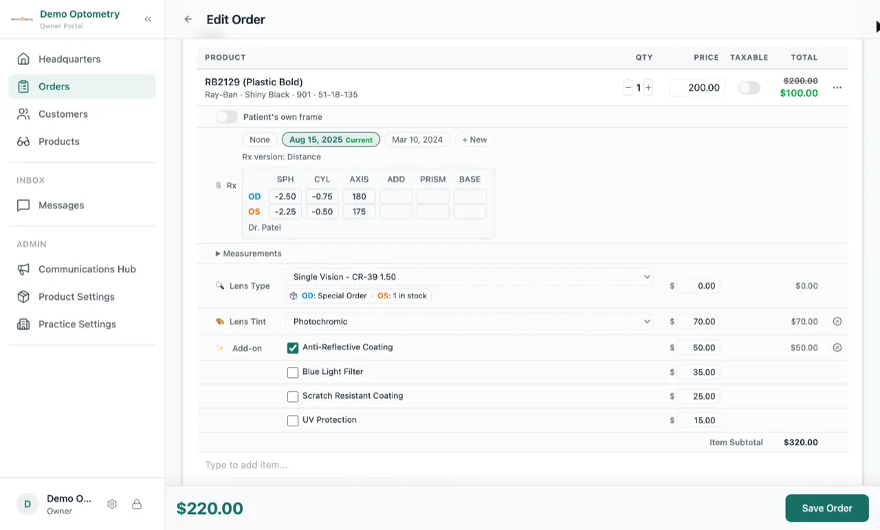 A line on an order in edit mode: the frame is discounted from $200 to $100 while the lens type, lens tint and add-on rows below keep their own prices, each with its own discount button