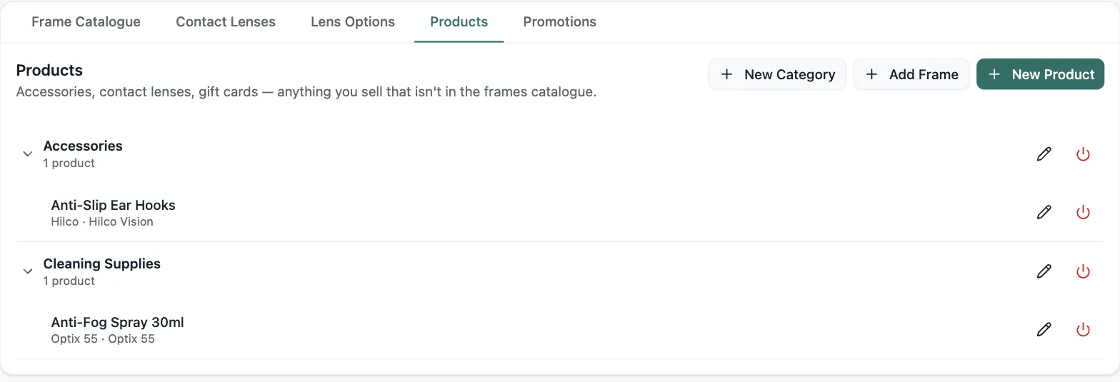 Lume's Products tab: custom categories like Accessories and Cleaning Supplies with an Anti-Slip Ear Hooks product and an Anti-Fog Spray, plus New Category, Add Frame and New Product buttons