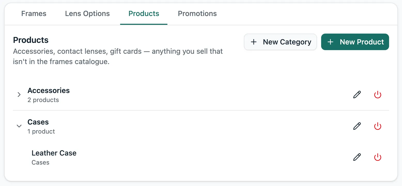 Lume's Products tab: custom categories like Accessories and Cases with a Leather Case product, plus New Category and New Product buttons