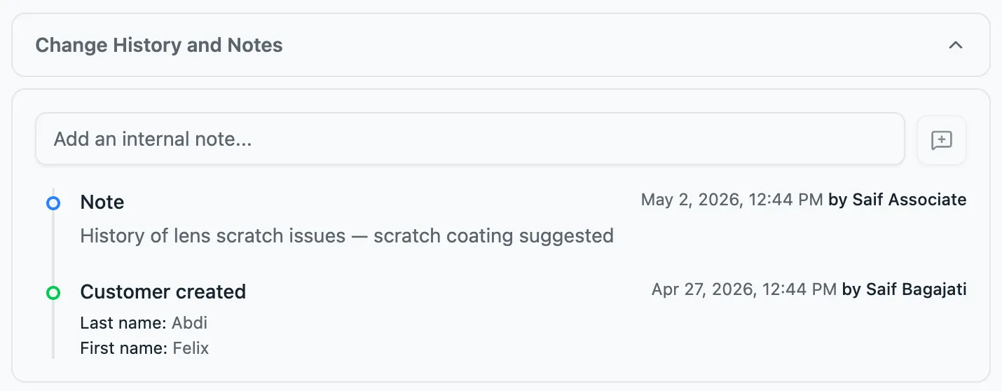 Change history and notes on a Lume customer profile: a timeline of edits and internal notes, each stamped with who made it and when
