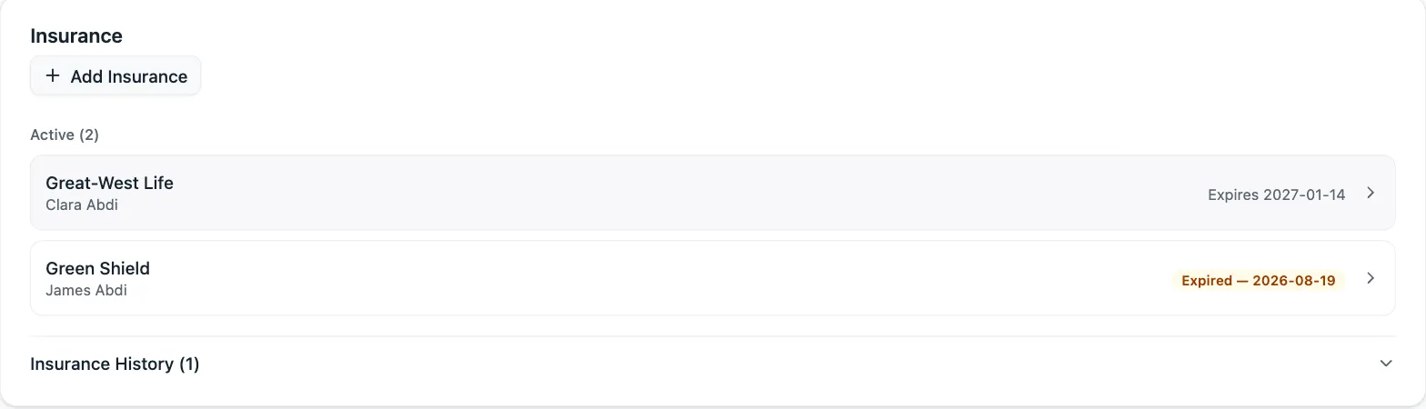 Insurance on a Lume customer profile: two active cards, each showing the provider, the policy holder and its expiry date, plus an insurance history section