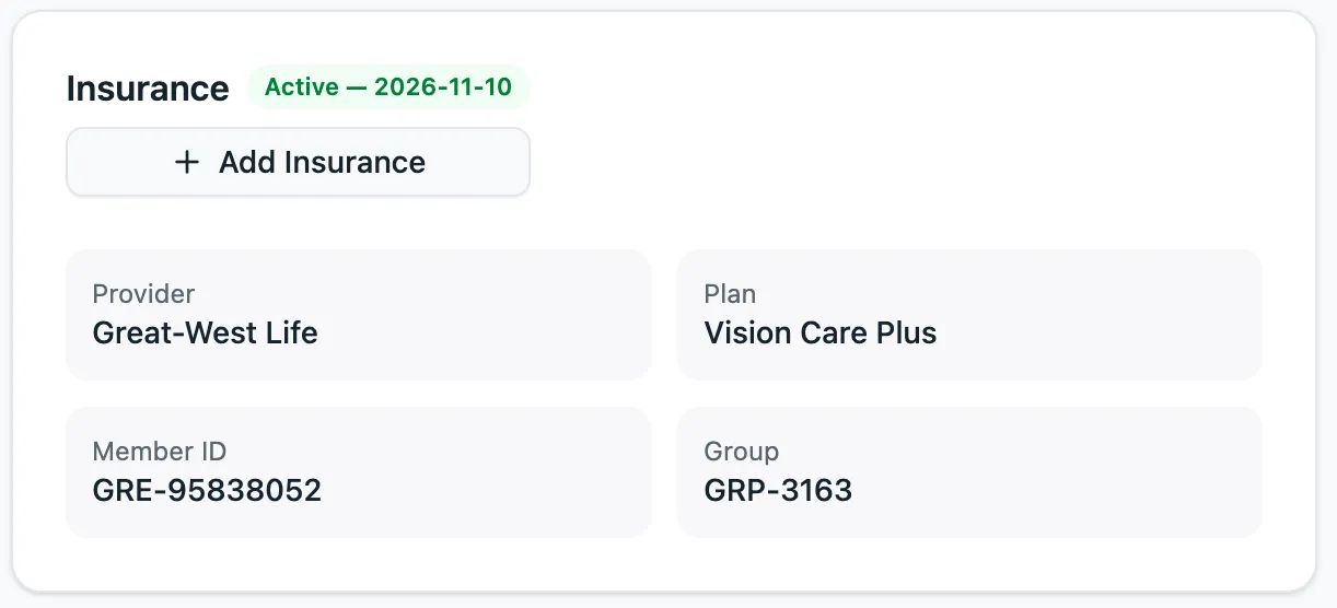 Insurance on a Lume customer profile: provider, plan, member ID, and group number, with an active-until date