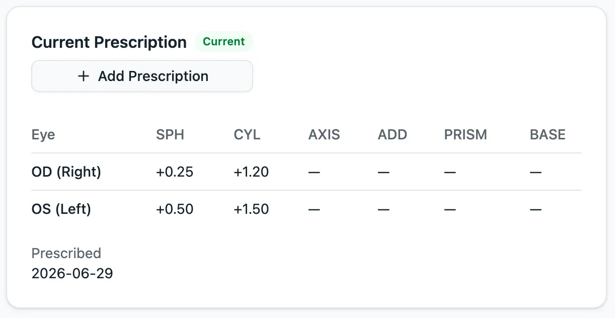 A customer's current prescription in Lume, with OD and OS values, the prescribed date, and an Add Prescription button