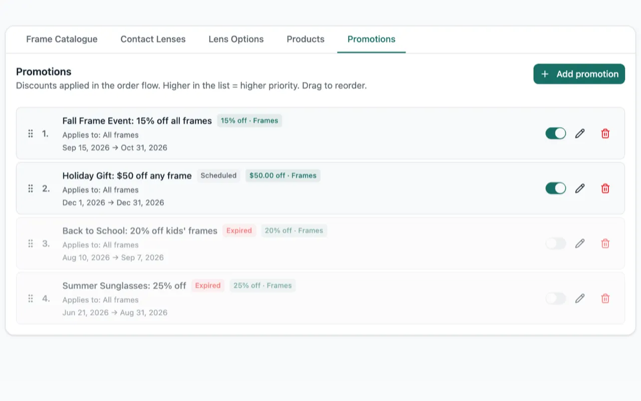 The Promotions tab in Product Settings: a fall frame event running now, a holiday promotion tagged Scheduled, and two summer promotions greyed out and tagged Expired
