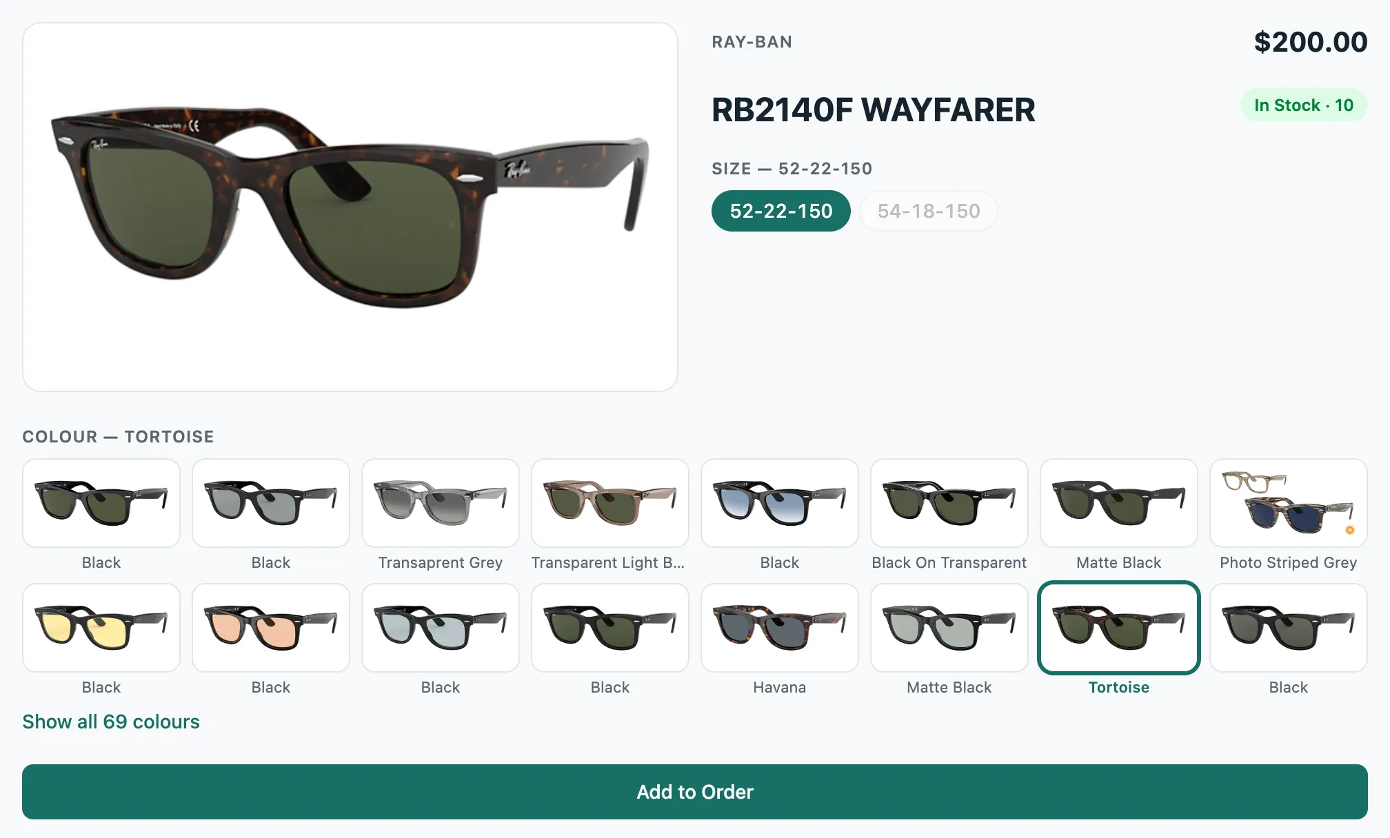The Ray-Ban RB2140F Wayfarer page: a large photo of the tortoise frame, and below it sixteen small photos, one for each colour, with Tortoise picked and Show all 69 colours under them