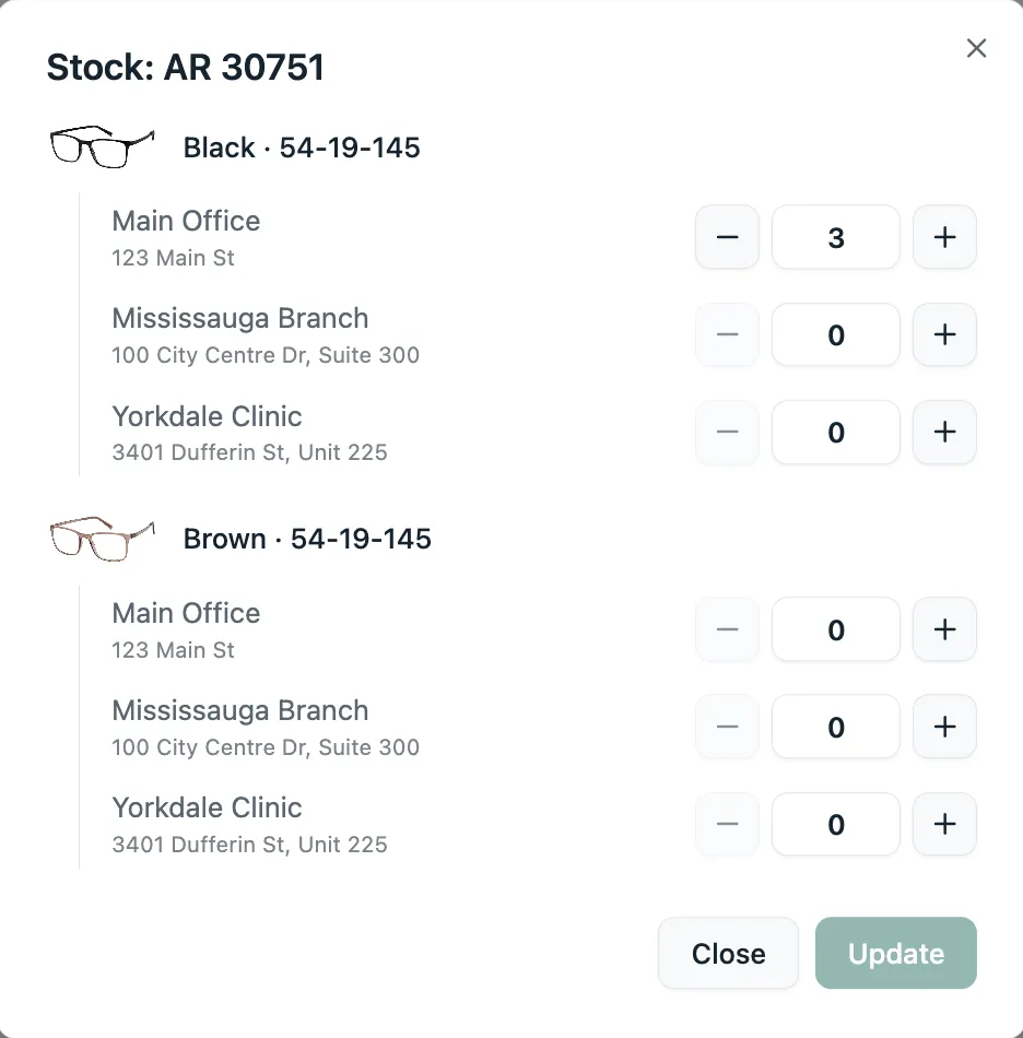 Lume stock panel for a frame, showing the on-hand count for each colour at each location with plus and minus steppers and an Update button