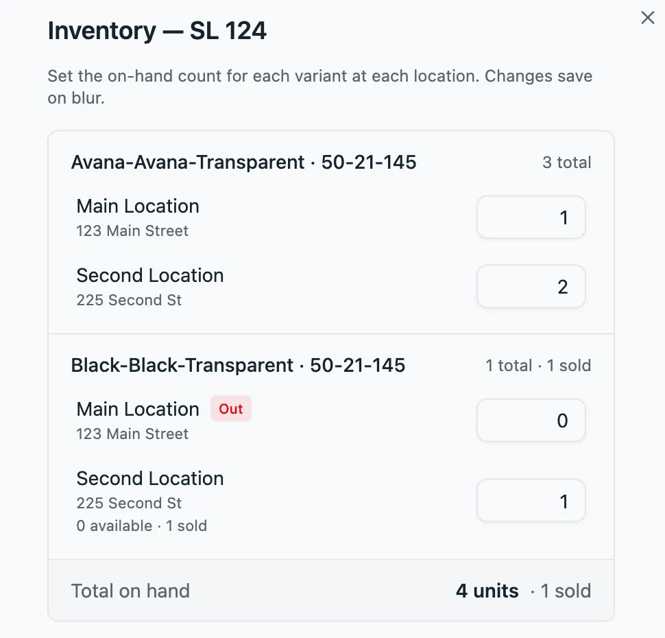 Lume inventory panel for a frame, showing editable on-hand counts at each location, an out-of-stock badge, and total units