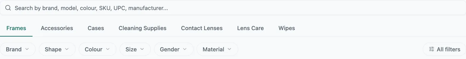 Lume product search: a search bar for brand, model, colour, SKU, UPC, or manufacturer, with Brand, Shape, Colour, Size, Gender, and Material filters below