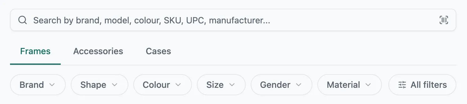 Lume product search: a search bar for brand, model, colour, SKU, UPC, or manufacturer, with Brand, Shape, Colour, Size, Gender, and Material filters below