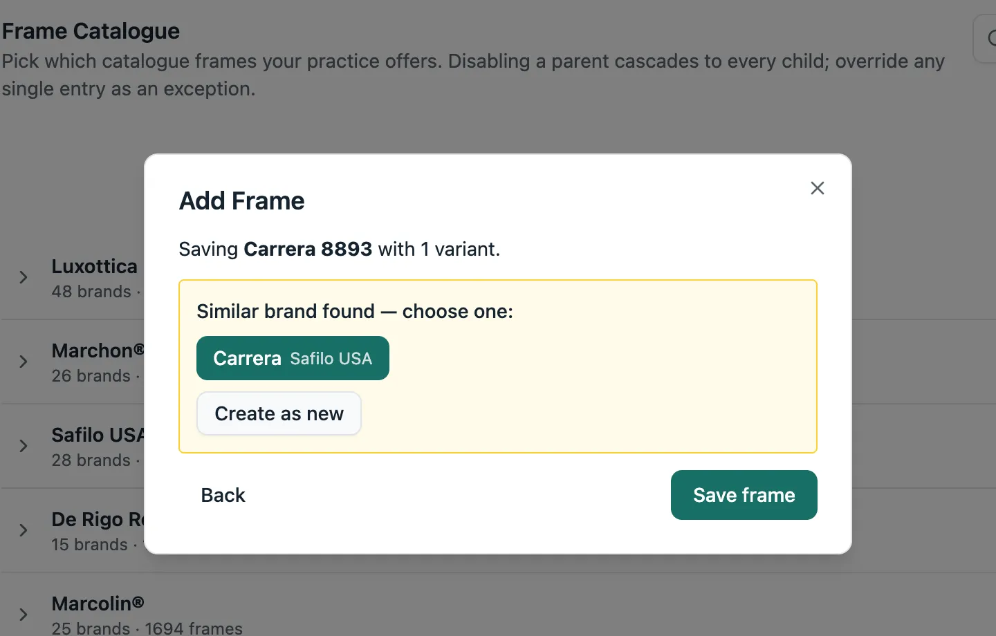 Adding a frame called Carrera 8893 with the brand typed as carerra: Lume says Similar brand found and offers Carrera by Safilo USA, or Create as new