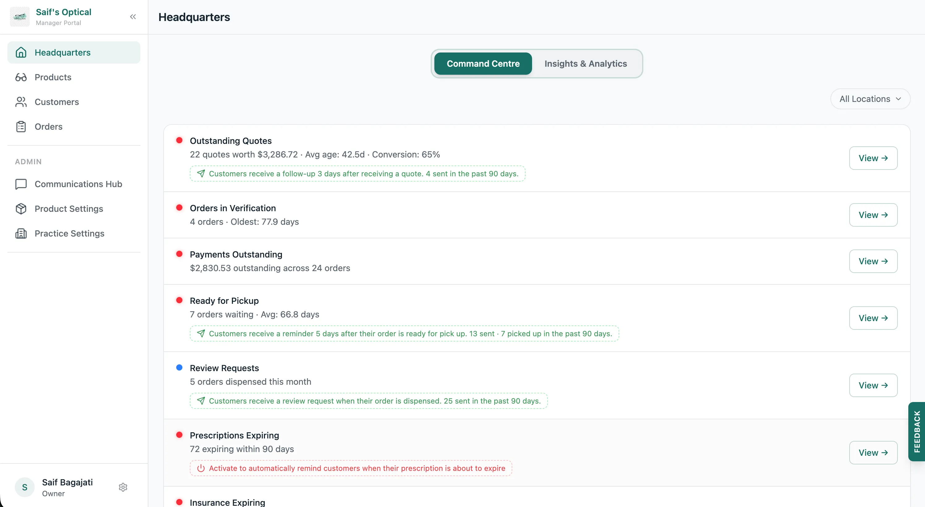 The Command Centre tab of Lume Headquarters: outstanding quotes with conversion rate, orders in verification, payments outstanding, and ready-for-pickup queues, each with its automation status and a View link