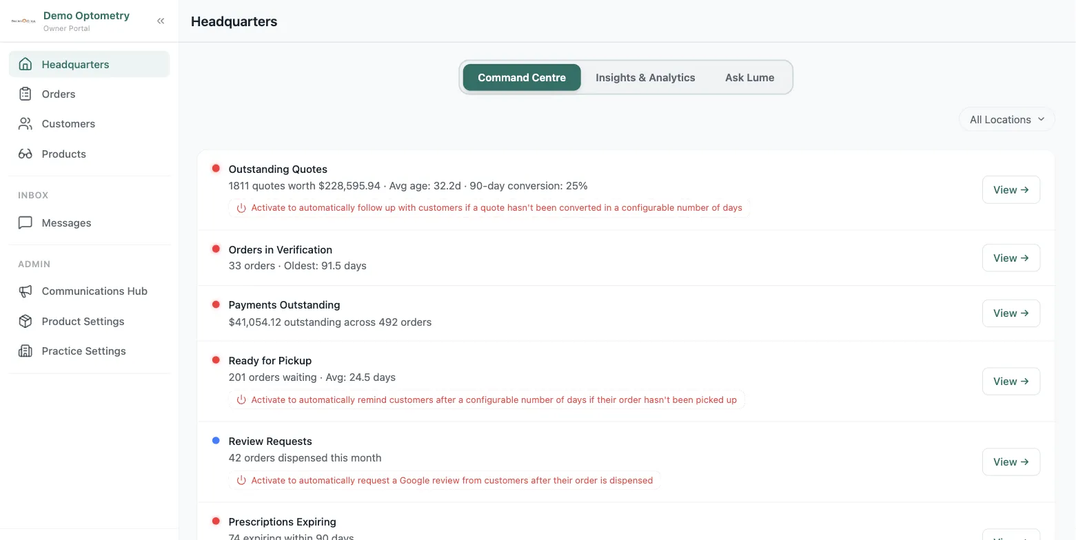 The Command Centre tab of Lume Headquarters: outstanding quotes with conversion rate, orders in verification, payments outstanding, and ready-for-pickup queues, each with its automation status and a View link