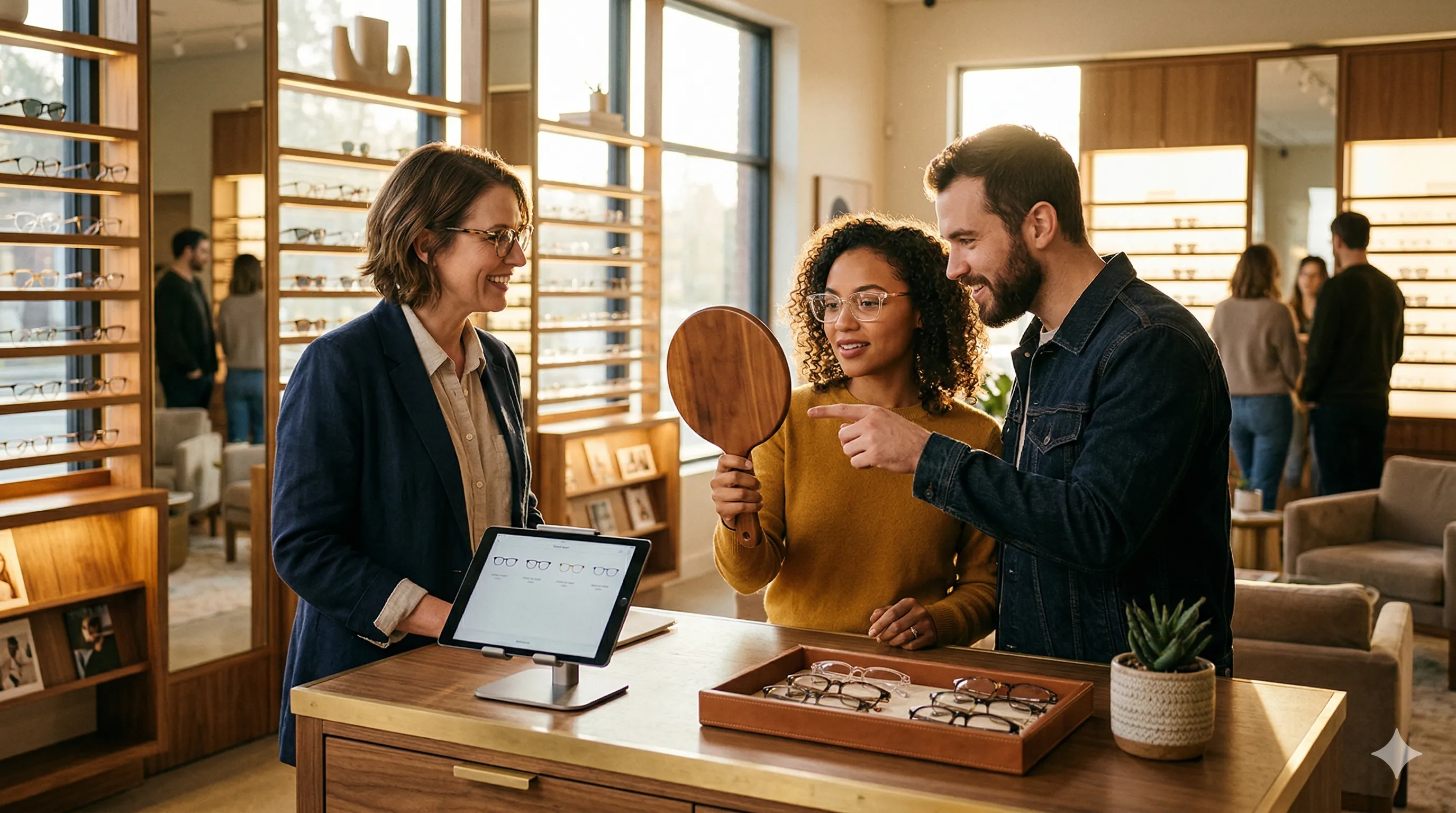 An optician showing a customer a pair of frames in a modern optical shop