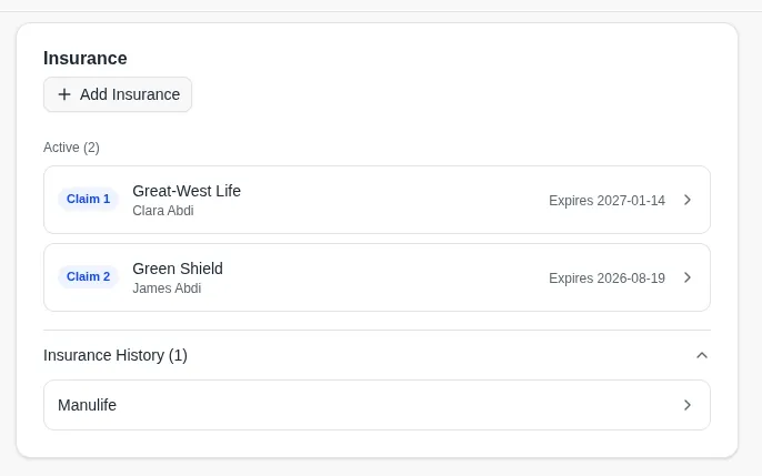 The Insurance section of a customer profile in Lume, showing two active cards badged Claim 1 and Claim 2 with different holders, above an Insurance History list