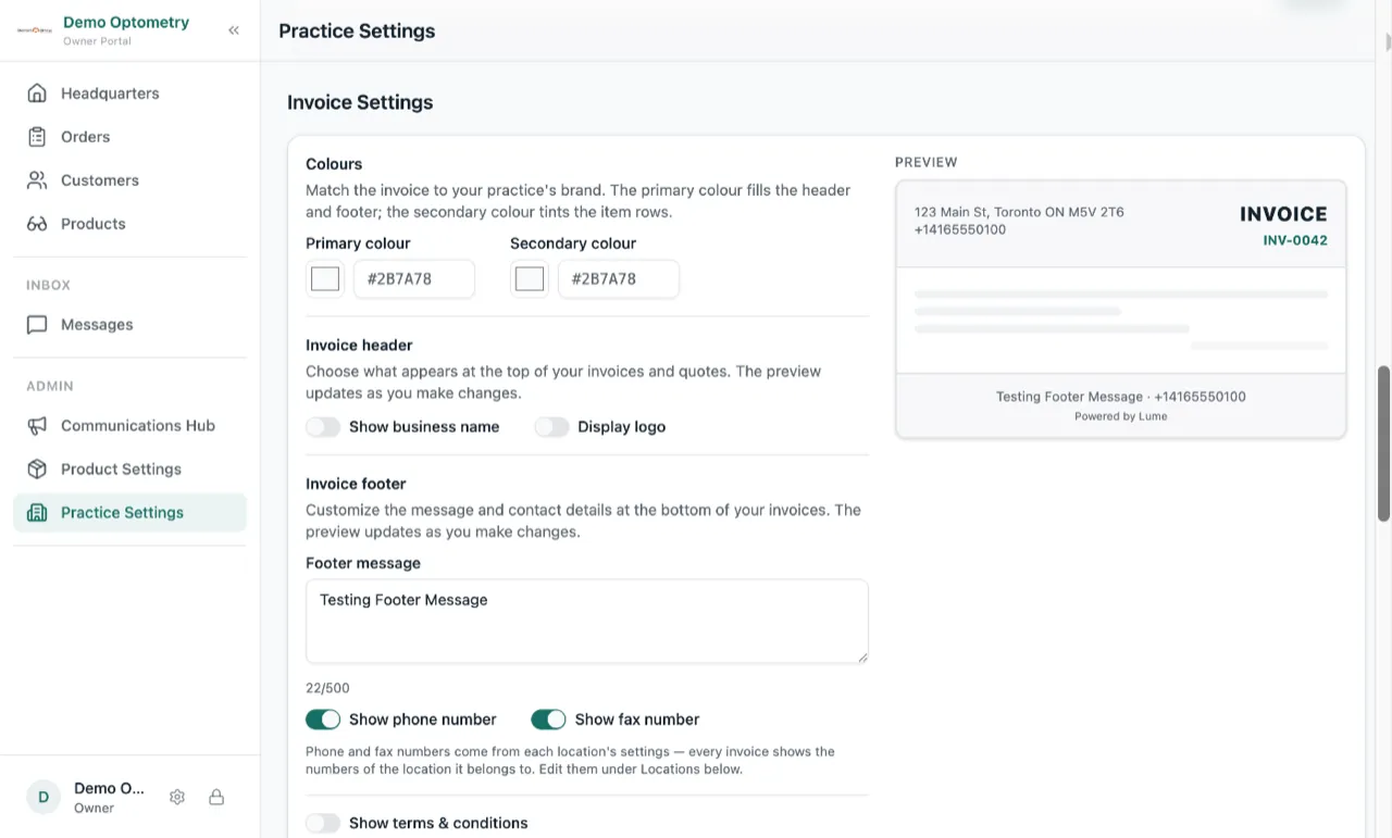 Invoice Settings in Practice Settings: primary and secondary colour fields, toggles for the business name and logo, a footer message box, phone and fax toggles, and a live invoice preview on the right