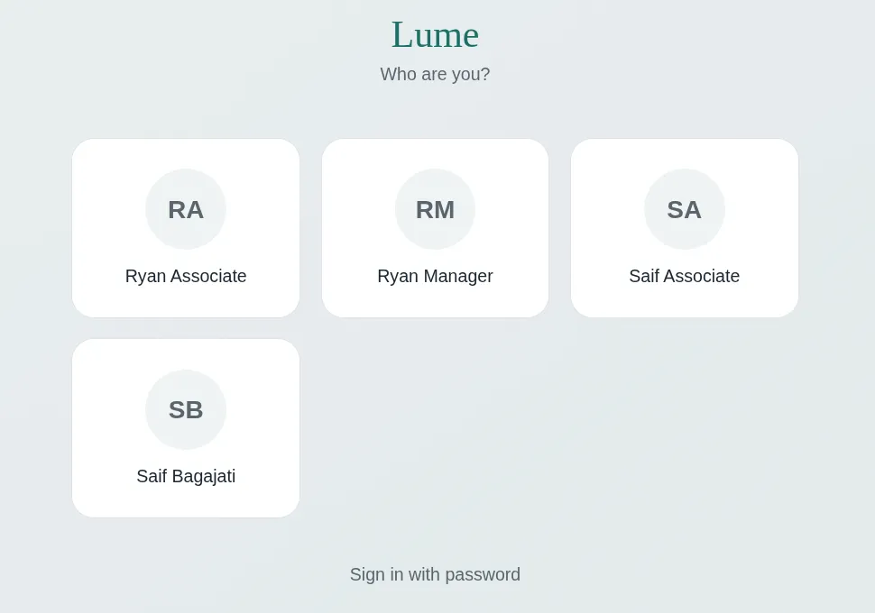 Lume lock screen showing each team member as a card, including associates and a manager, ready to tap and sign in on a shared counter tablet