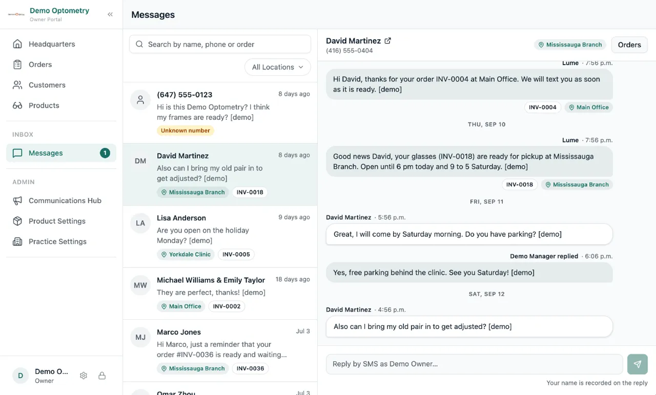The Messages page in Lume: a list of customer conversations on the left, and an open thread on the right where a customer asks a question and a team member replies, with a reply box at the bottom