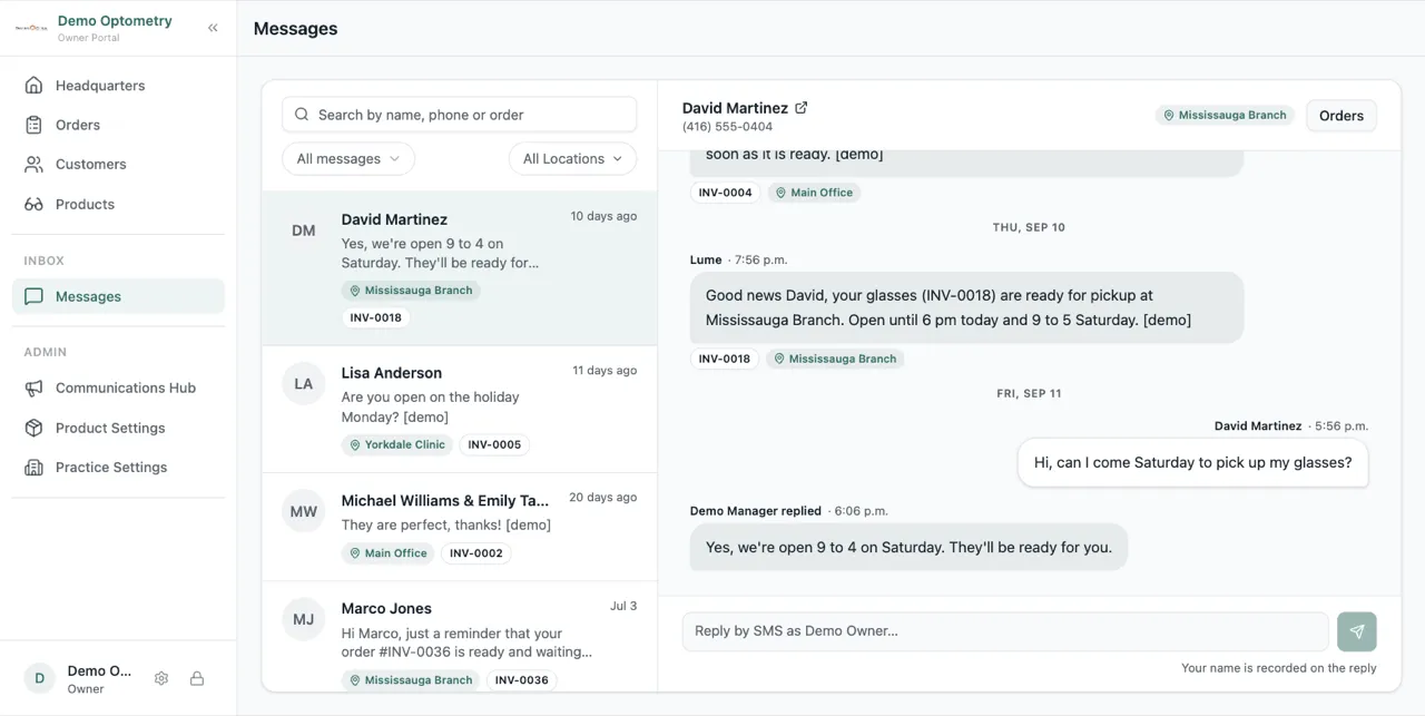 A conversation in Messages: after the order-ready text, the customer asks whether they can come Saturday to pick up their glasses, and a team member replies from the thread that the store is open 9 to 4 on Saturday, with the reply box underneath and each conversation in the list tagged with the store's short name