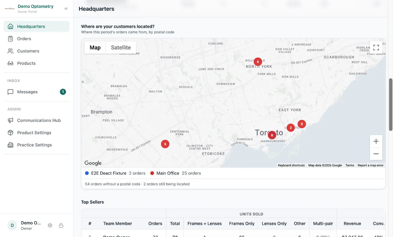 The Where are your customers located map on Insights, with numbered pins over Toronto neighbourhoods and a legend counting orders per location