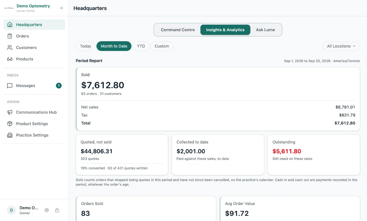 The new Lume menu, with Headquarters, Orders, Customers and Products at the top, Messages under Inbox with an unread badge, and the settings pages under Admin