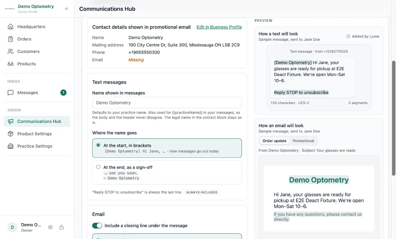 The Message Settings tab in the Comms Hub: on the left, the name shown in messages and where it goes, and on the right a live preview of a text and an email with the parts Lume adds highlighted