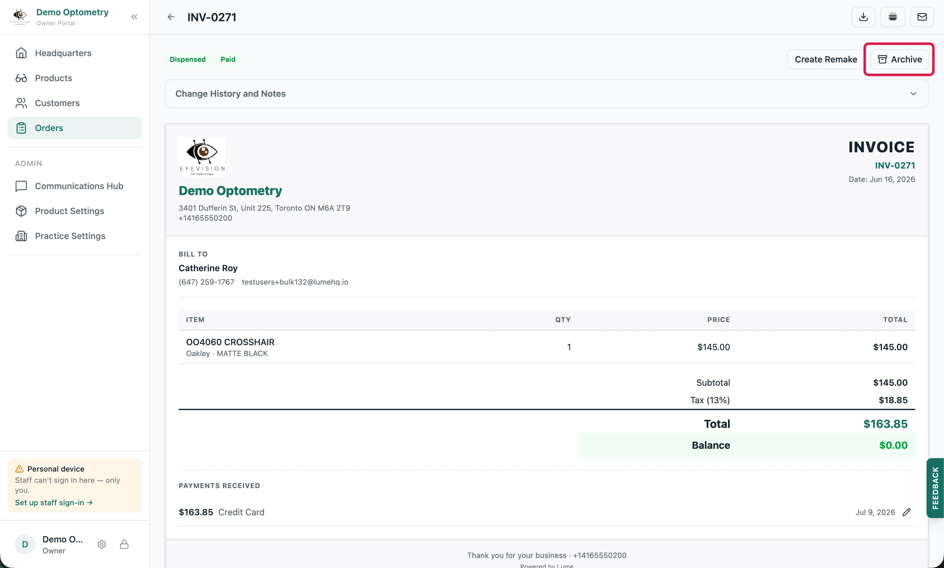 A dispensed and paid order in Lume with an Archive button in the top right corner of the order page