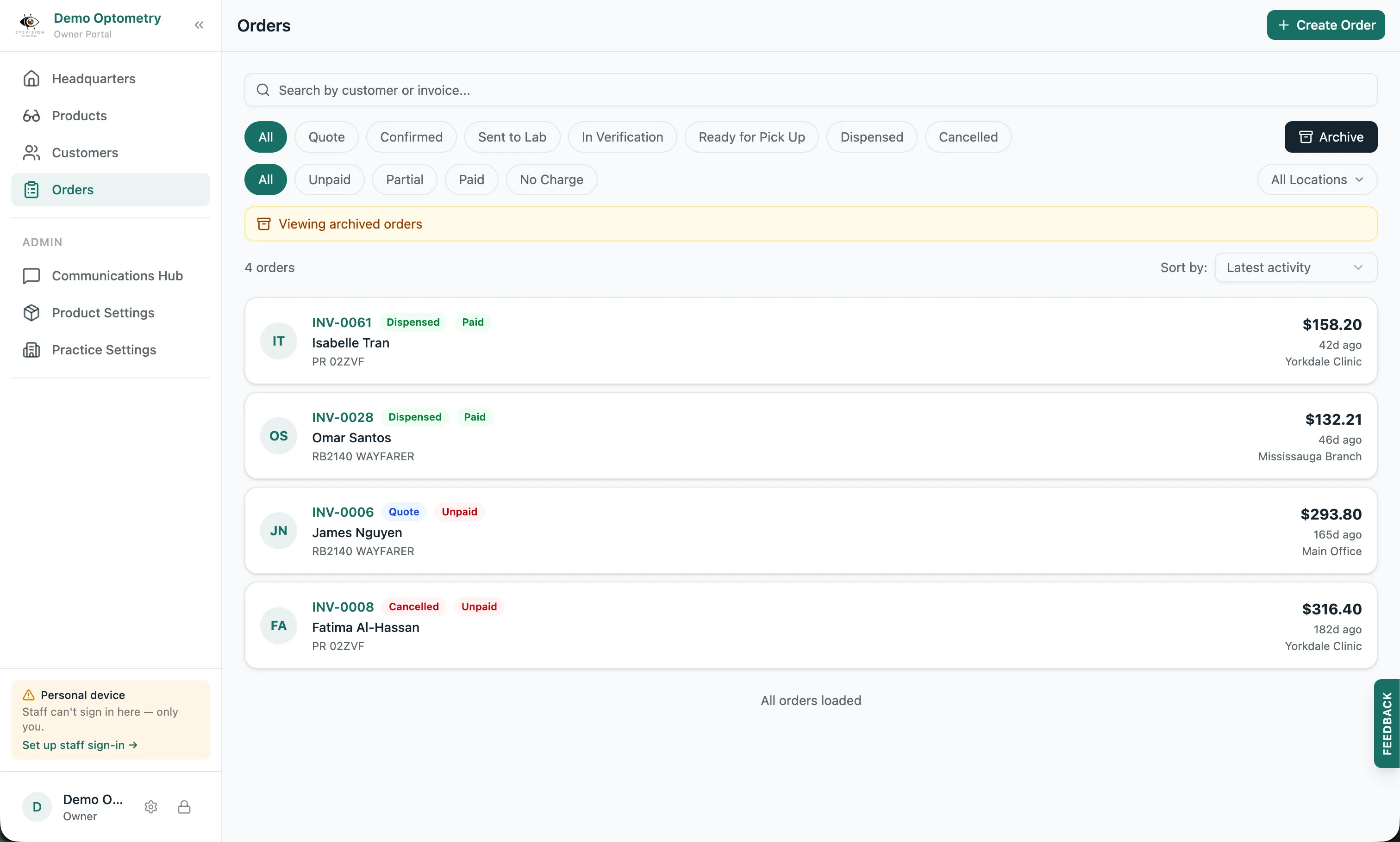 The Orders screen in archive view, showing a Viewing archived orders banner and four archived orders
