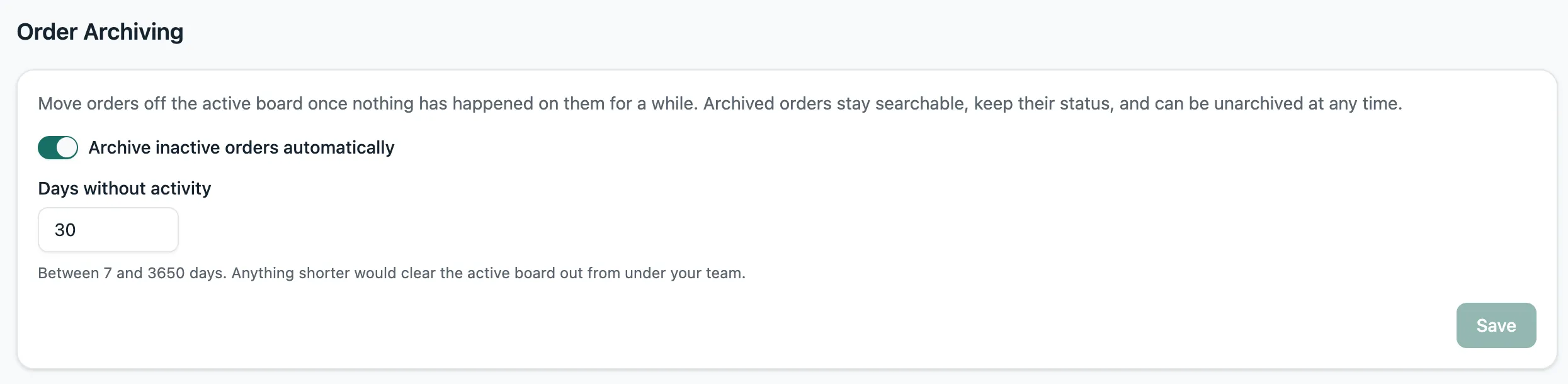 The Order Archiving section of Practice Settings with a toggle to archive inactive orders automatically and a days-without-activity field set to 30