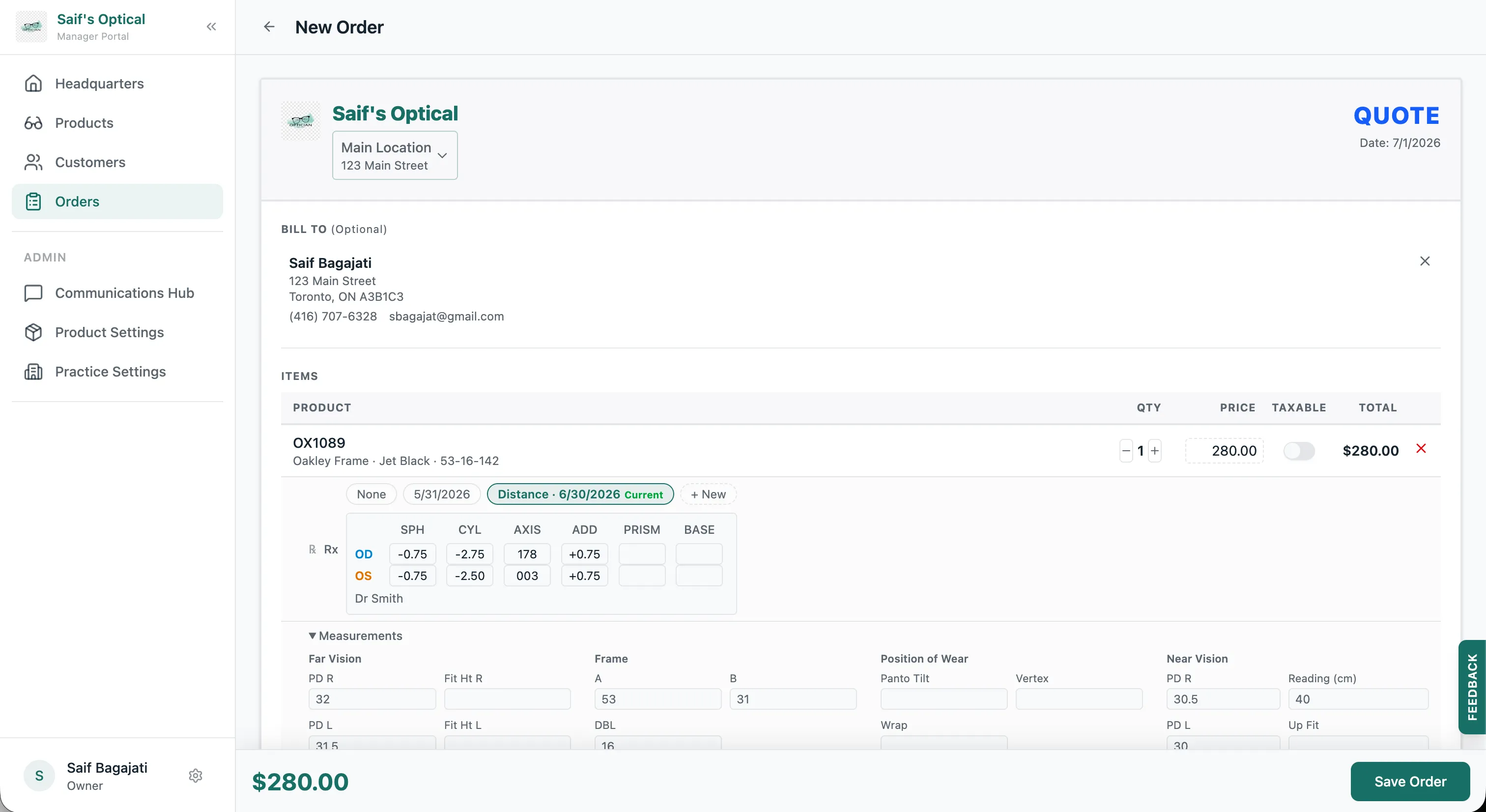 Building an order in Lume: the customer, a frame line item, the attached prescription, and lens measurements on one screen