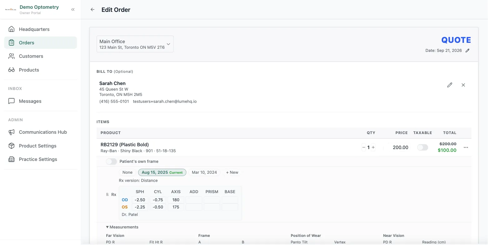 Building an order in Lume: the customer, a frame line item, the attached prescription, and lens measurements on one screen