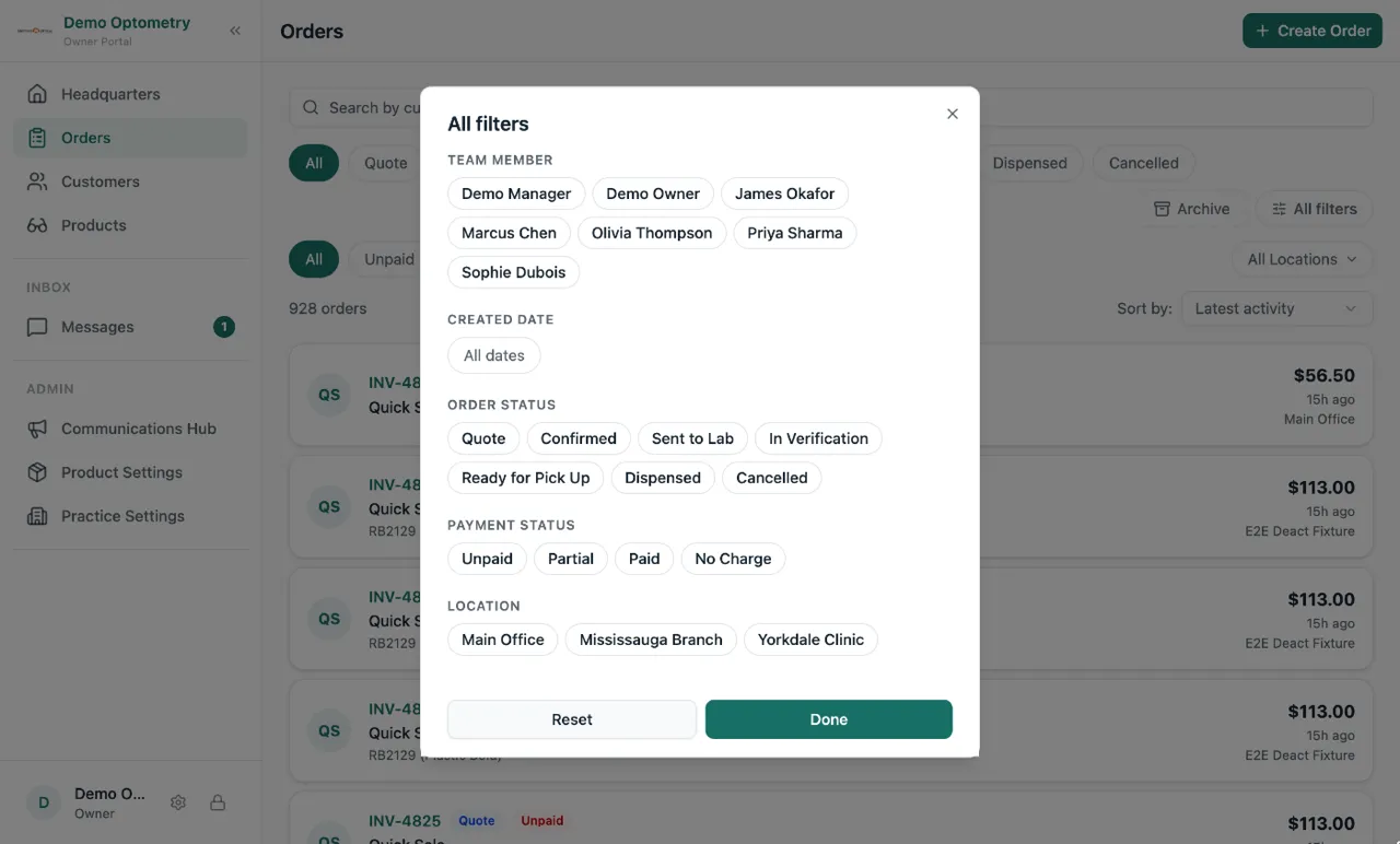 The All filters window on the Orders page, with Team Member chips, a Created Date picker, and the Order status, Payment status and Location filters, with Reset and Done buttons