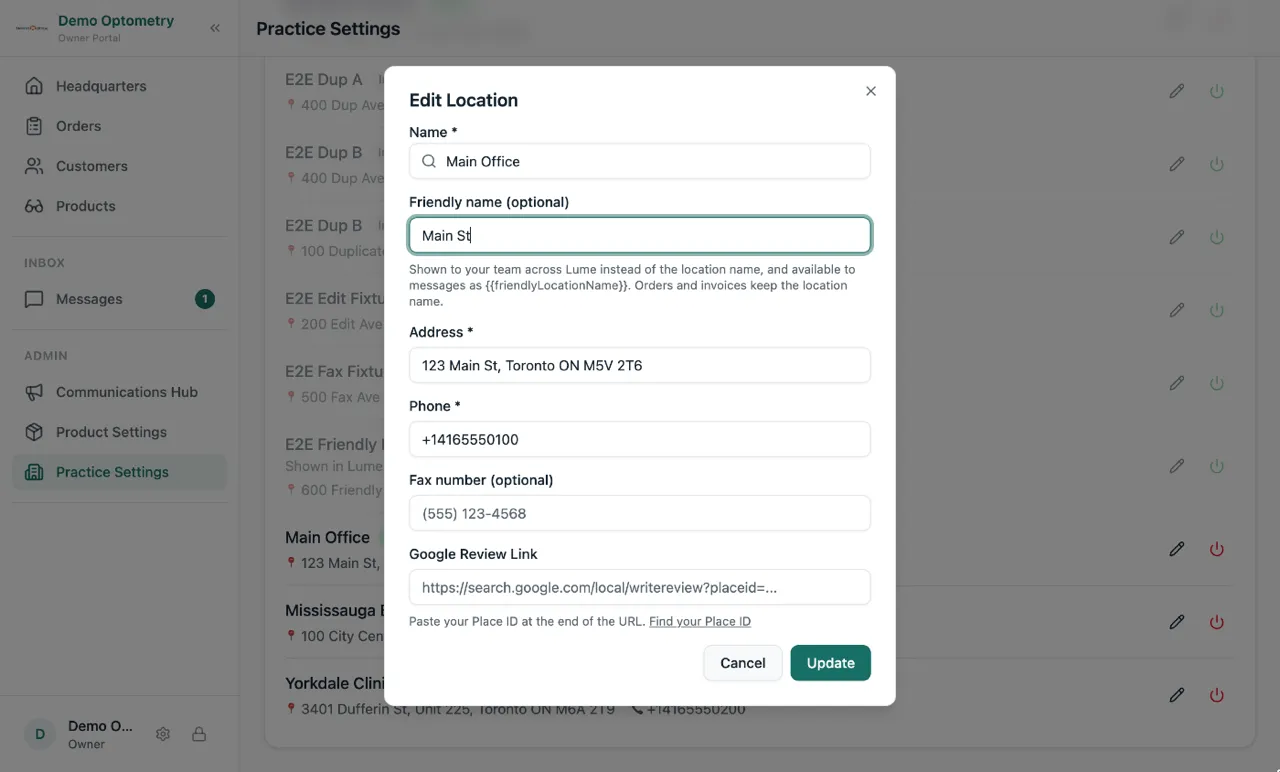 The Edit Location window in Practice Settings, with Main Office as the name and Main St typed into the new Friendly name field
