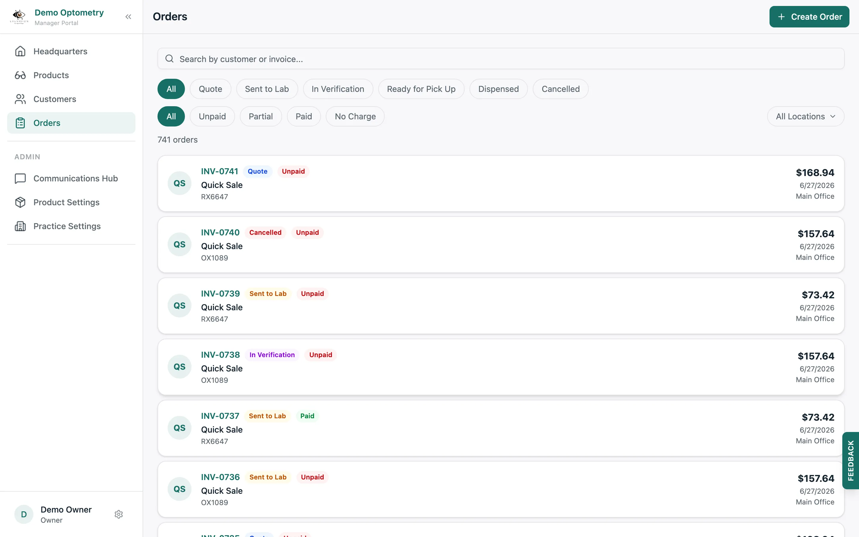 The Lume orders list showing orders with order status and payment status badges, filters, and totals