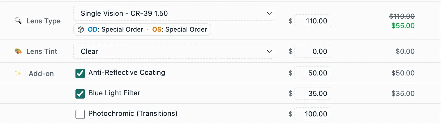 Lens type, tint, and add-on options on a Lume order line, each priced separately