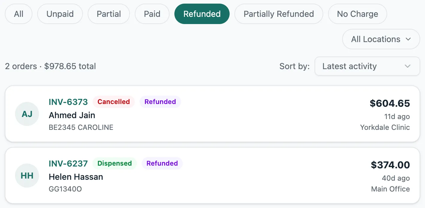 The Orders list filtered to Refunded: one cancelled order and one picked-up order, each with a purple Refunded tag