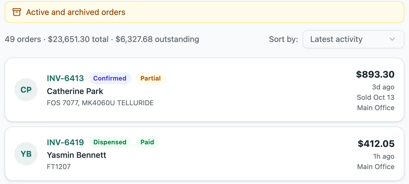 The Orders list showing 49 orders, $23,651.30 total and $6,327.68 outstanding, the same as Headquarters, and an order written 3 days ago marked Sold Oct 13
