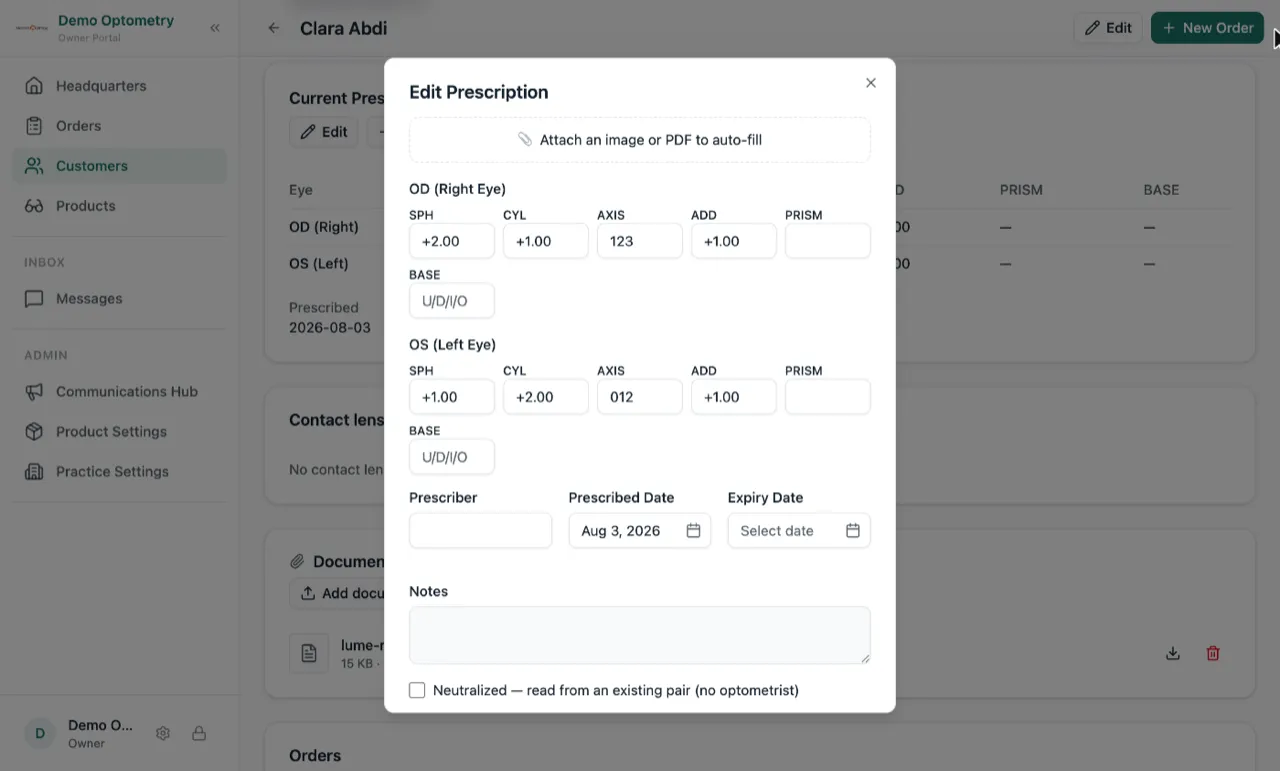 The Edit Prescription window on a customer's profile, with the sphere, cylinder, axis, add, prism and base boxes for each eye filled in, and the prescriber and date fields underneath