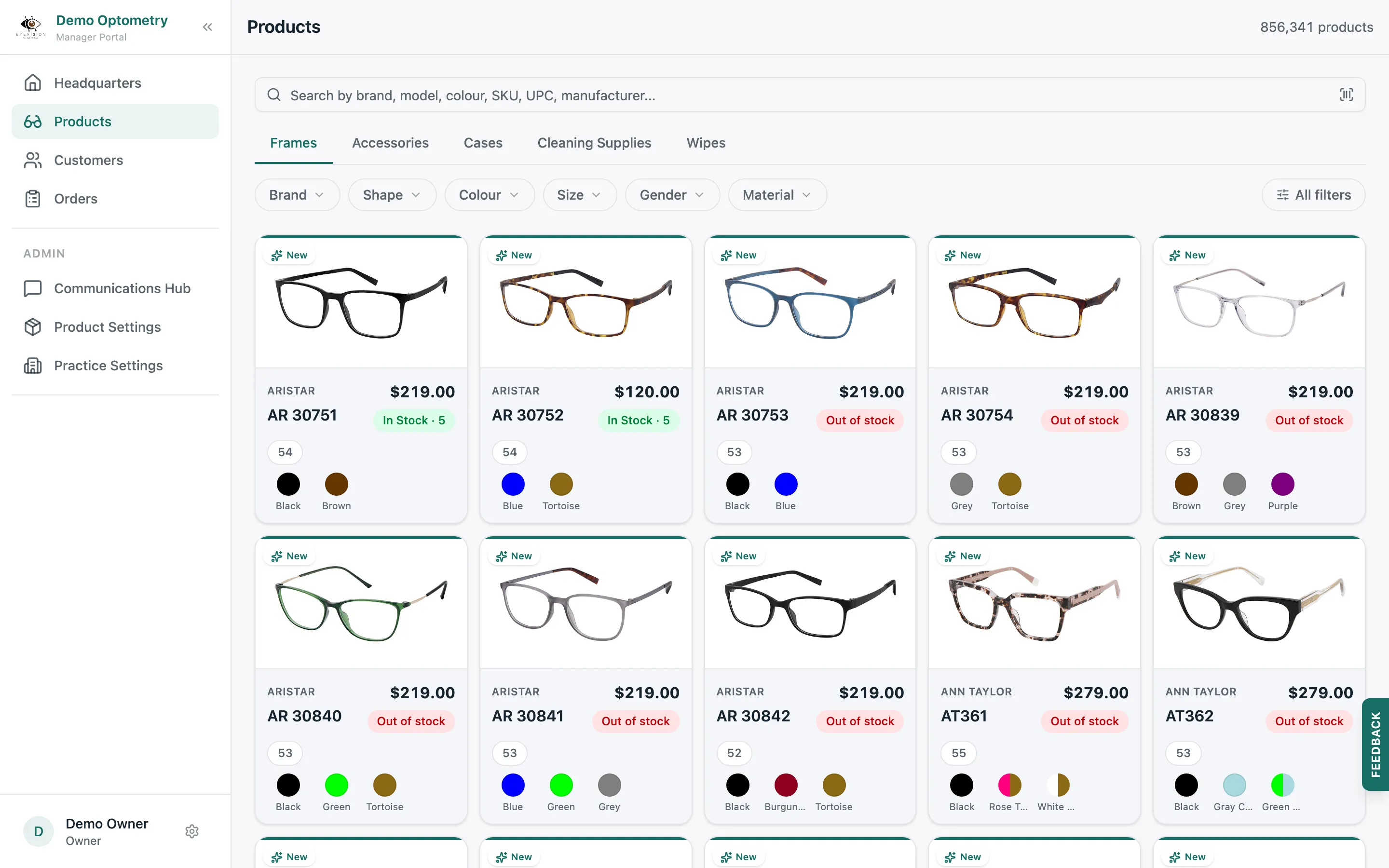 The Lume product catalogue showing frames with brand, price, live stock, size, and colour options