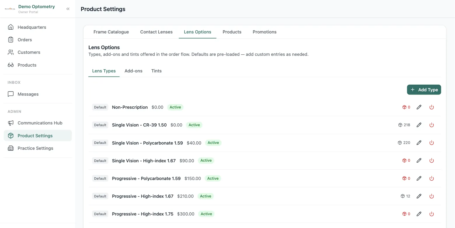 Lume's Lens Options settings: lens types with their prices and active status, plus tabs for add-ons and tints, with defaults pre-loaded and custom entries