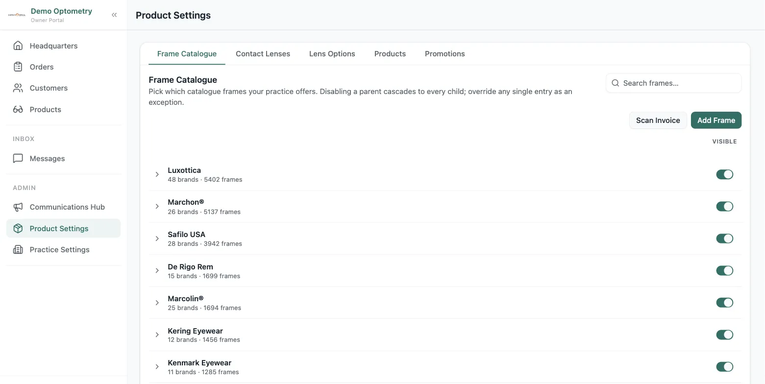 Lume's Product Settings screen on the Frame Catalogue tab: manufacturers like Luxottica and Marchon with brand and frame counts, each with a visibility toggle, plus Scan Invoice and Add Frame buttons